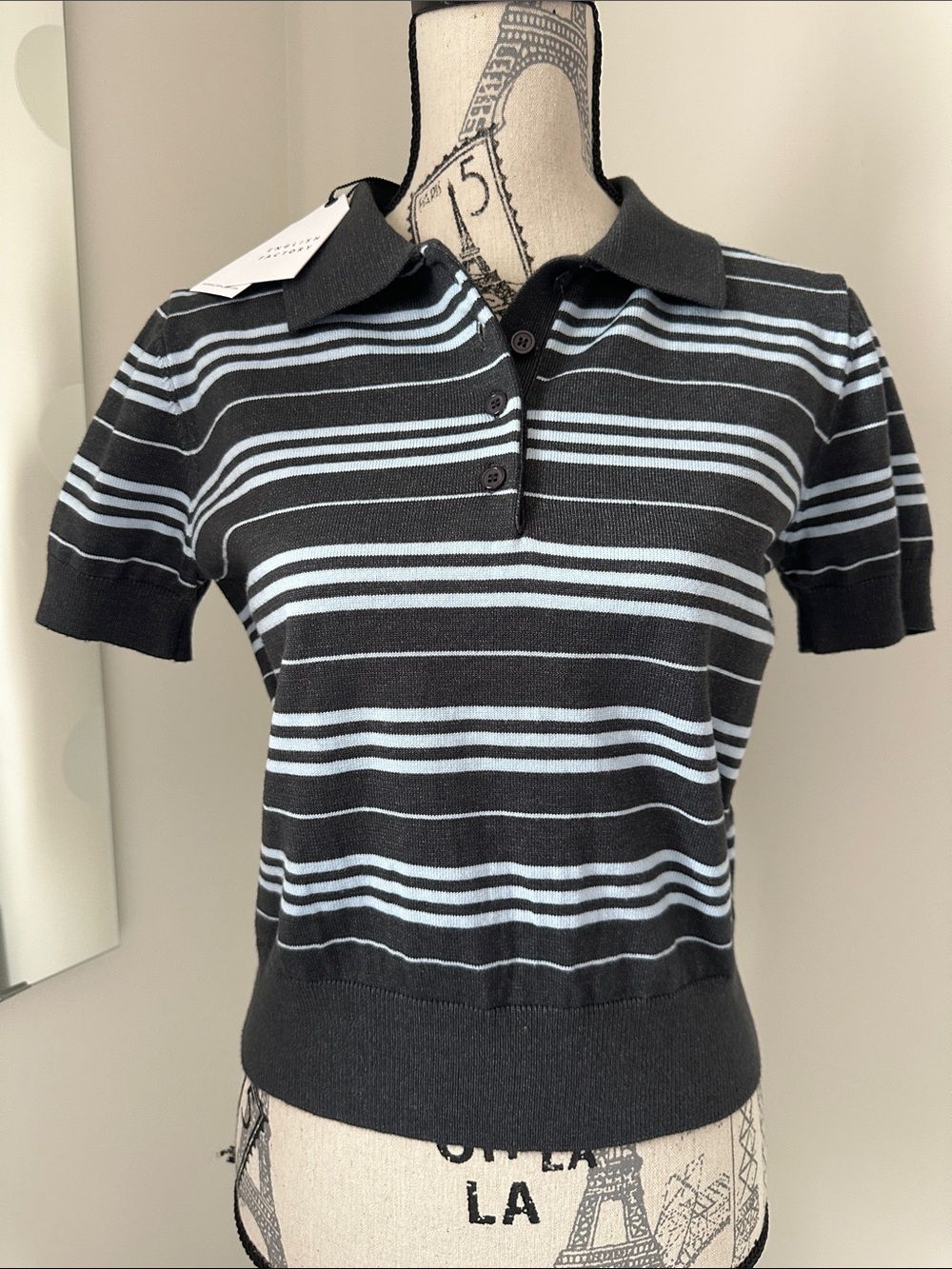 English Factory Grey and Light Blue Striped Polo Woman's Size Small